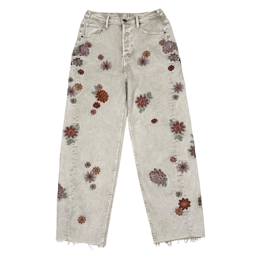 Embroidered Floral High-Rise Wide Leg Jeans - Cream